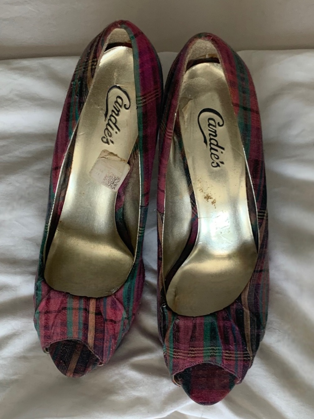 Candie's Plaid Peep Toe Pumps Size 8.5 Tartan Print Stiletto Heels Fall